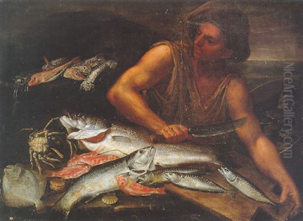 A Fish Vendor At His Stall Oil Painting by Giuseppe Recco