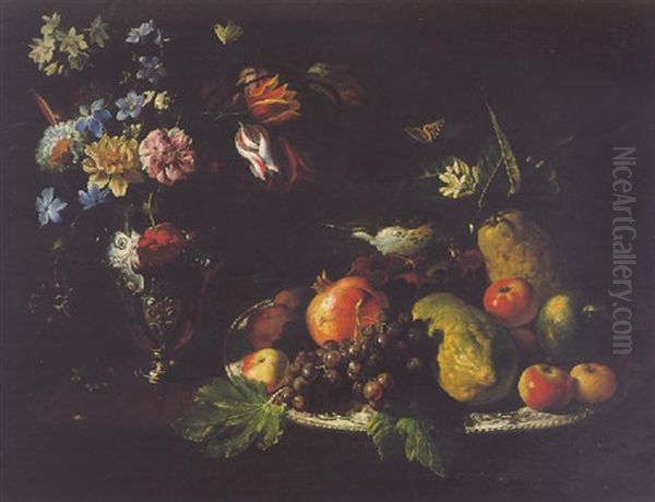 Still Life Of A Silver Platter With Fruit, A Thrush Perched On A Bunch Of Grapes And A Vase Of Flowers On A Stone Ledge Oil Painting by Giuseppe Recco