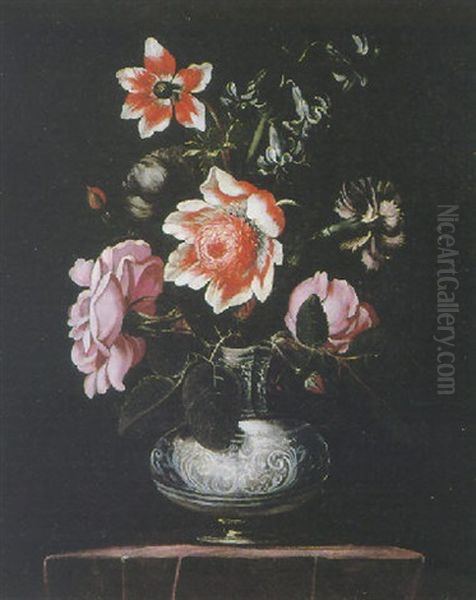 A Still Life Of Roses, Hyacinths And Other Flowers In A Stoneware Vase On A Purple Tablecloth Oil Painting by Giuseppe Recco