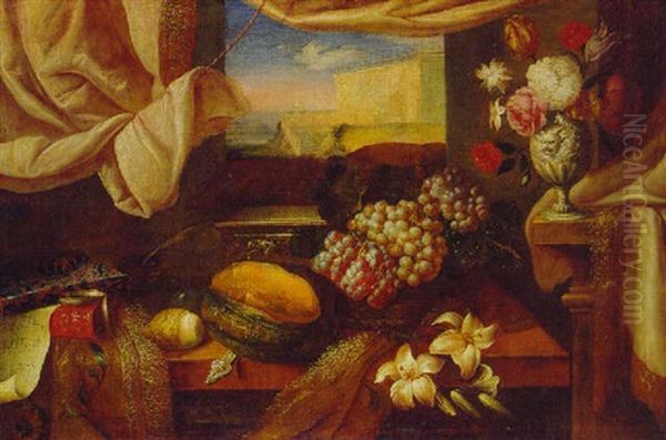 A Basket Of Grapes, A Melon, Lilies, A Lemon, Books, A Casket, An Inkwell And A Sheet Of Music With Flowers Oil Painting by Giuseppe Recco