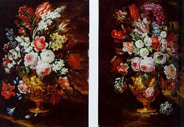 Roses, Tulips, Narcissi And Other Flowers In Terracotta Vases Oil Painting by Giuseppe Recco