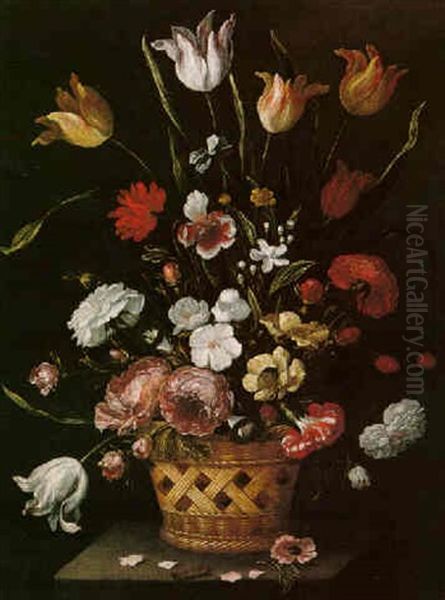 Still Life Of Tulips, Roses And Other Flowers In A Basket On A Stone Ledge Oil Painting by Giuseppe Recco