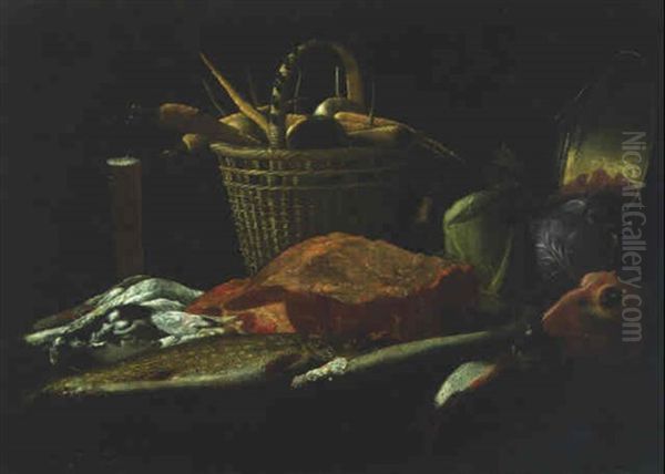 A Basket Of Vegetables, Cabbages, A Sheep's Head, Dead Fish, A Joint Of Meat, Dead Pigeons And A Tall Glass On A Table Oil Painting by Giuseppe Recco