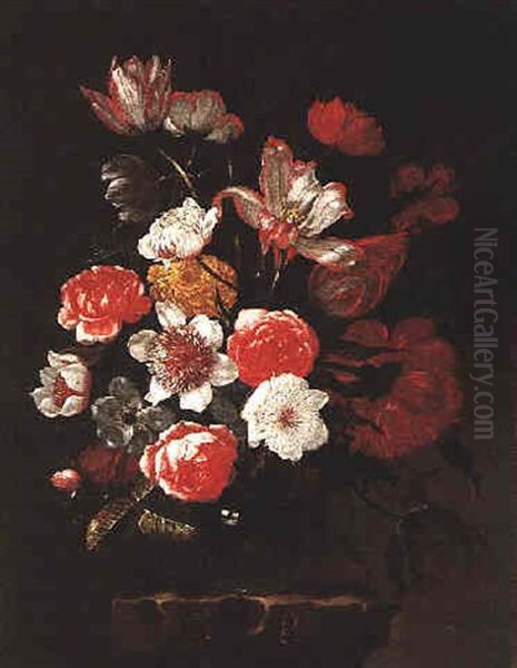 A Still Life Of Tulips, Roses, Anemones And Other Flowers In A Glass Vase On A Stone Plinth Oil Painting by Giuseppe Recco