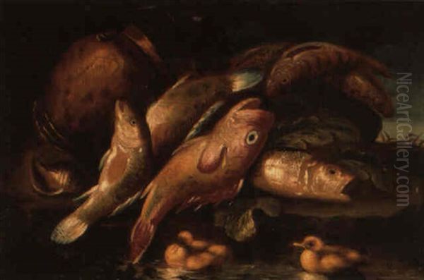 Dead Fish On A Bank With Ducklings In A Stream Oil Painting by Giuseppe Recco