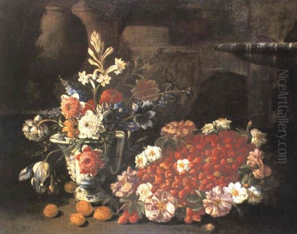 Nature Morte Au Jetee De Fraises, Aux Prunes Et Au Vase De Fleurs Oil Painting by Giuseppe Recco