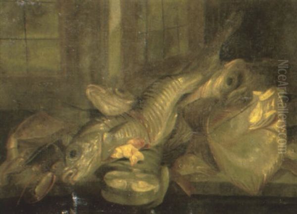 Dead Fish On A Stone Ledge, A Window Behind Oil Painting by Giuseppe Recco