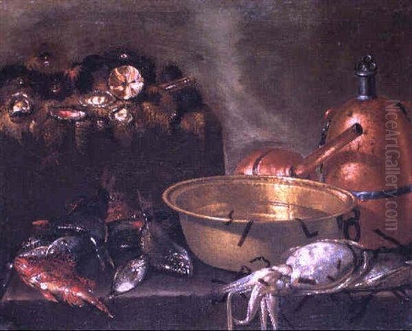 Natura Morta Di Pesci E Molluschi Con Bacile Di Rame Oil Painting by Giuseppe Recco