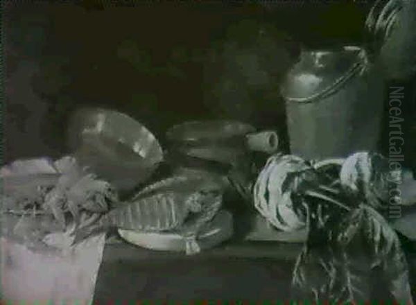 A Still Life Of A Lobster, Dried Fish And Radishes Among    Kitchen Pots, All Arranged On A Ledge Oil Painting by Giuseppe Recco