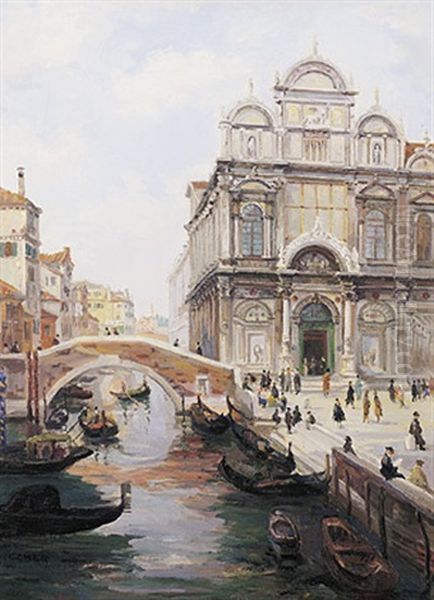 Venezianische Ansicht Mit Blick Auf Scuola Und Zahlreiche Passanten An Einem Sonnigen Wintertag Oil Painting by Peter Emil Recher