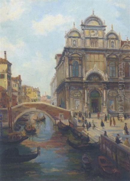 A Venetian Church (san Zaccaria?) Oil Painting by Peter Emil Recher