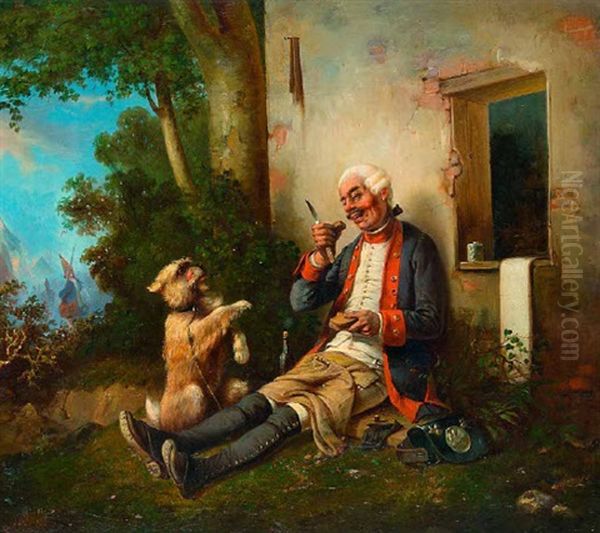 Brotzeit Machender Soldat Wahrend Einer Gefechtspause Mit Einem Bettelnden Hund Oil Painting by Carl Rechlin