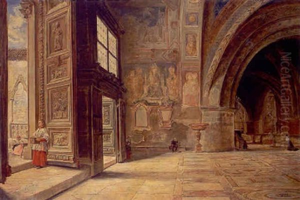 Interior De La Basilica De Asis Oil Painting by Enrique Recio Y Gil