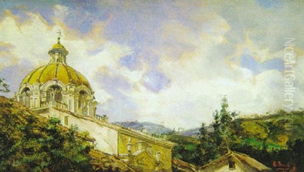 Cupula Y Parte Exterior De La Iglesia De Chinquiquira Y Sus Alrededores Oil Painting by Enrique Recio Y Gil