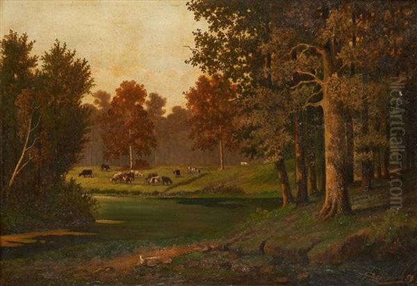 Vaches Au Bord Du Cours D'eau En Sous-bois Oil Painting by Georges Recipion