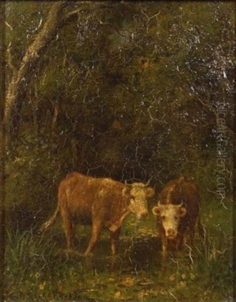 A Memory Of Rockland County - Cows At A Woodland Pond Oil Painting by Gardner Arnold Reckard