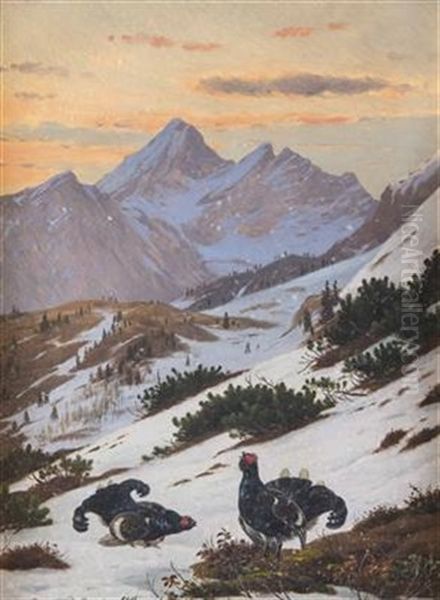 Zwei Birkhahne Oil Painting by Otto Recknagel