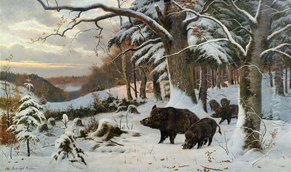 Wildschweine In Winterlandschaft Oil Painting by Otto Recknagel