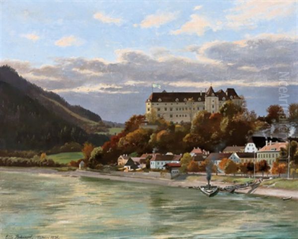 Blick Auf Grein A. D. Donau Mit Der Uber Dem Ort Liegenden Greinburg, Besitz Der Herzoge Von Sachsen-coburg Und Gotha Oil Painting by Otto Recknagel