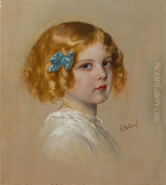 Portrait Eines Kleinen Blonden Madchens Mit Blauer Schleife Oil Painting by Theodor Recknagel