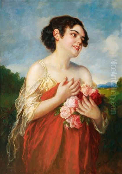 Girl With Roses Oil Painting by Theodor Recknagel