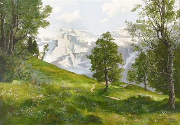 Bayerische Alpenpartie Im Fruhling Oil Painting by Theodor Recknagel