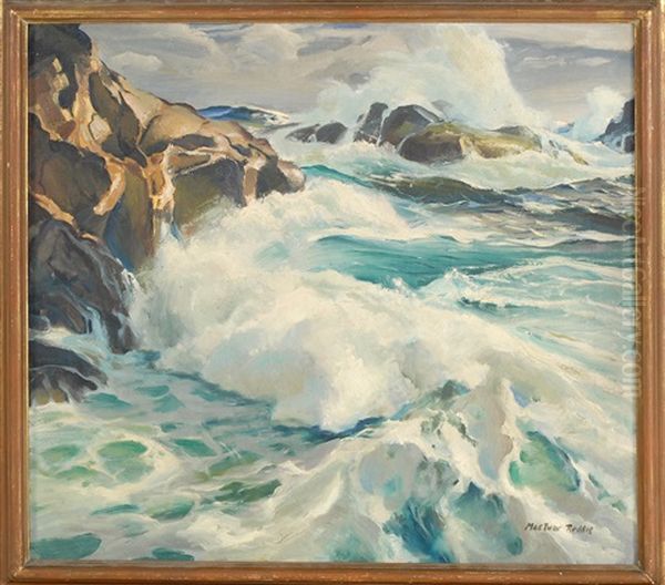 Waves Crashing On A Rocky Coast Oil Painting by Macivor Reddie