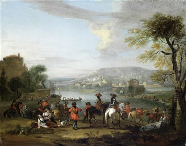 Horsemen Departing From A Riverside Village Oil Painting by Christian Reder