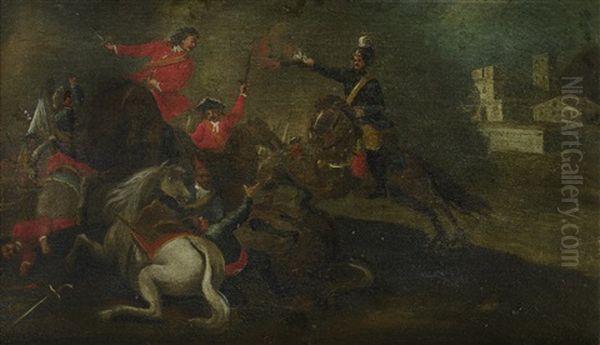 A Cavalry Skirmish In A Landscape; And A Cavalry Battle Before A Town (pair) Oil Painting by Christian Reder