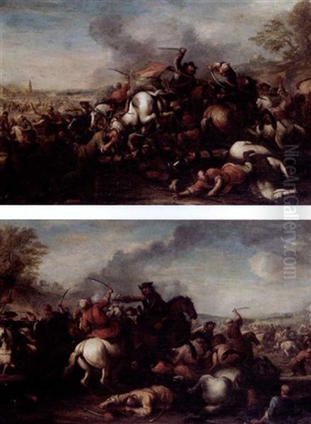 Cavalry Skirmishes Between Turks And Christians (pair) Oil Painting by Christian Reder