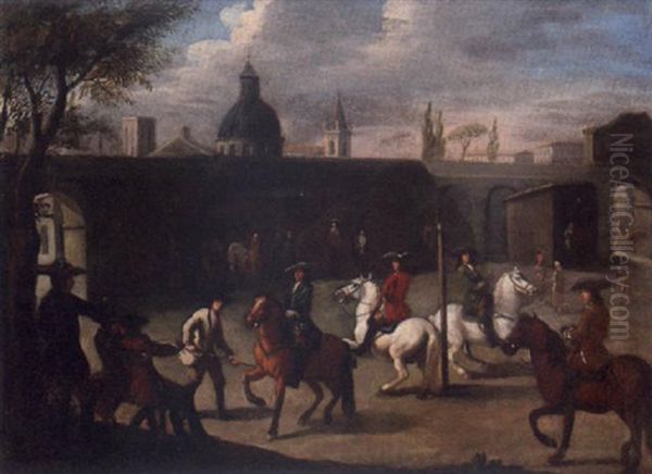 A Riding School, With A Town Beyond Oil Painting by Christian Reder