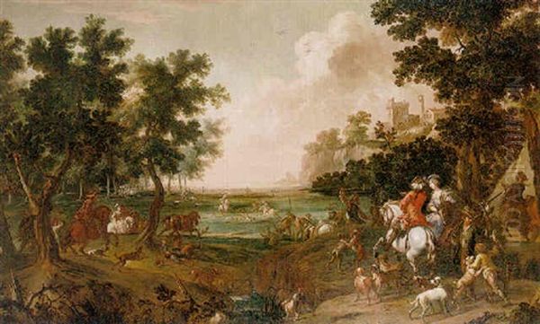 A Wooded Landscape With Elegant Figures On A Hunt, A Fortified Town Beyond Oil Painting by Christian Reder