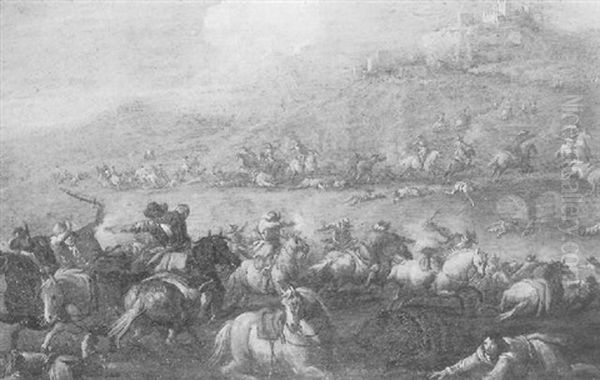 A Cavalry Skirmish In An Italian Valley Oil Painting by Christian Reder