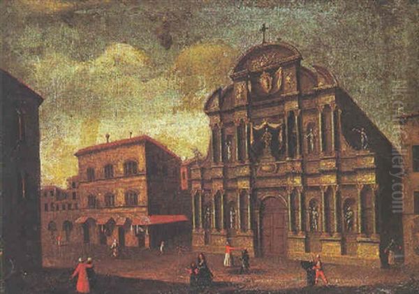 Vue D'un Palais Et D'une Eglise Sur Une Place Animee De Personnages Oil Painting by Giovanni Reder