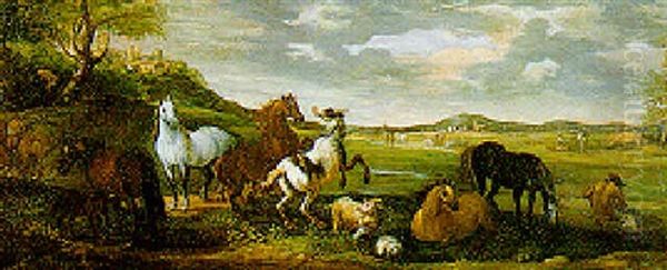 Cavalli, Armenti E Mandriani In Un Paeseggio Agreste Laziale Oil Painting by Giovanni Reder