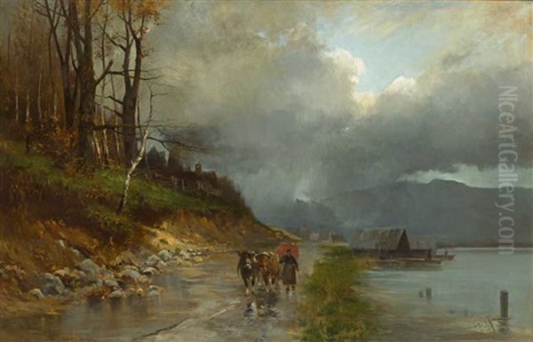 Bauerin Mit Zwei Ochsen Auf Dem Weg Am Ufer Eines Sees Oil Painting by Heinrich Richard Reder