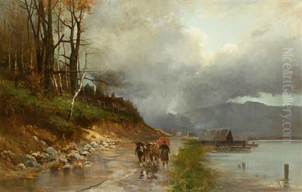 Bauerin Mit Zwei Ochsen Auf Dem Weg Am Ufer Eines Sees Oil Painting by Heinrich Richard Reder