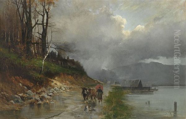 Bauerin Mit Zwei Ochsen Auf Dem Weg Am Ufer Eines Sees Oil Painting by Heinrich Richard Reder