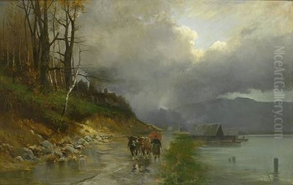 Bauerin Mit Zwei Ochsen Auf Dem Weg Am Ufer Eines Sees Oil Painting by Heinrich Richard Reder