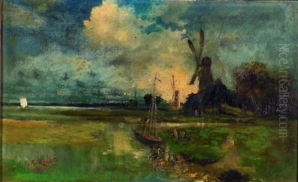 Landscape With Windmill Oil Painting by Heinrich Richard Reder