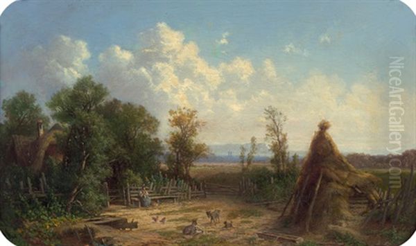 Sommerliche, Oberbayrische Landschaft Mit Einer Bauerin Vor Ihrem Hof Und Tieren Bei Einem Heuschober Oil Painting by Heinrich Von Reder