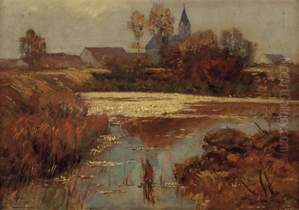 Herbstliche Landschaftsidylle Mit Dorf Und Weiher Oil Painting by Franz Reder-Broili