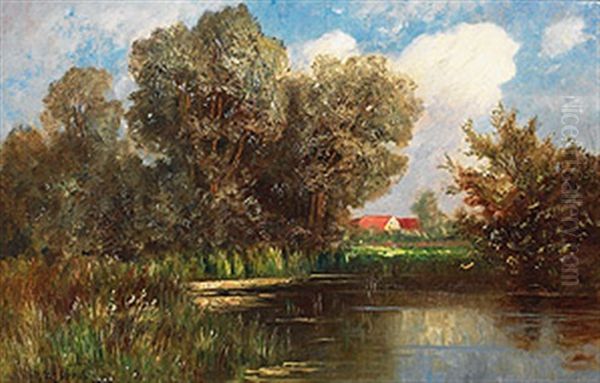 Sommerlandschaft Mit Weiher, Malerischer Baumgruppe Und Gehoft Oil Painting by Franz Reder-Broili