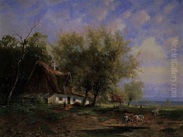 Landschaften Mit Bauernhaus Und Kuhen Oil Painting by Franz Reder-Broili