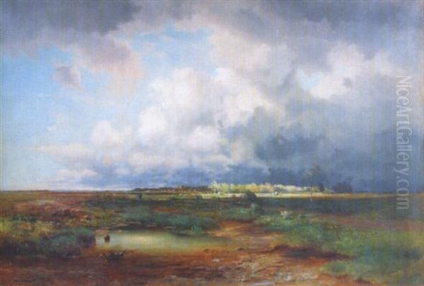 Aufziehendes Gewitter Uber Bayerischer Moorlandschaf Mit Schafherde Und Hirte, Im Hintergrund Dorfsilhouette Oil Painting by Franz Reder-Broili