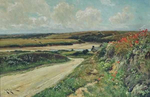 Estuary Scene With Poppies And Cottage By The Roadside Oil Painting by Arthur William Redgate