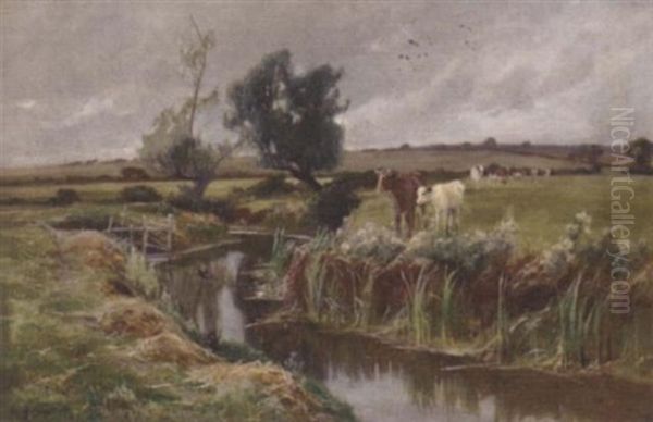 Cattle By A Stream Oil Painting by Arthur William Redgate