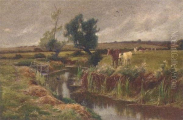 A Milkmaid And A Child On A Riverside Track Oil Painting by Arthur William Redgate