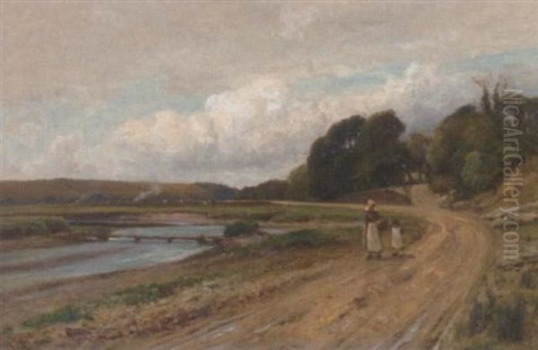 A Milkmaid And Child On A Riverside Track Oil Painting by Arthur William Redgate