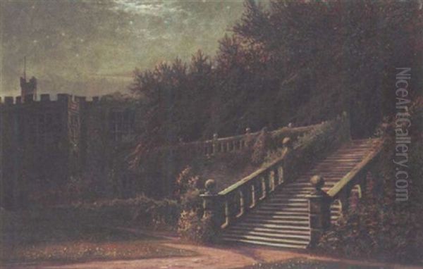 The Terrace, Haddon Hall, Derbyshire By Moonlight Oil Painting by Arthur William Redgate